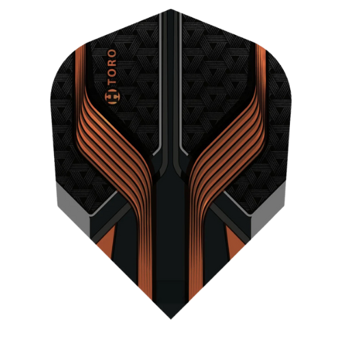 Close-up No.6 dart flight with black geometric texture and metallic orange angular design, isolated on white background