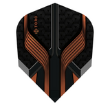 Close-up No.6 dart flight with black geometric texture and metallic orange angular design, isolated on white background