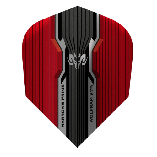 Close-up dart flight with red and black geometric design, No.6 shape, text details, isolated on white background for dart accessories