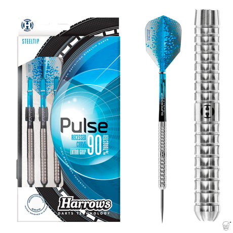 Steel tip tungsten darts in retail packaging, full dart profile, and macro barrel grip detail on white background