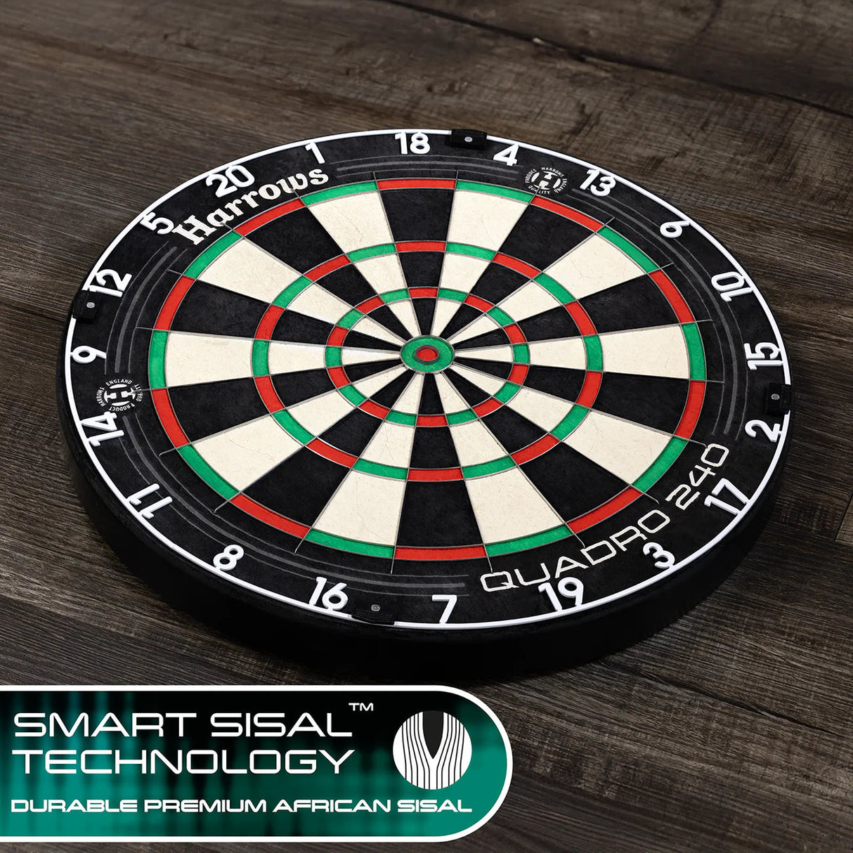 Quadro 240 dartboard angled view on wood floor, premium sisal construction, clear segment colors, Smart Sisal Technology badge