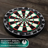 Quadro 240 dartboard angled view on wood floor, premium sisal construction, clear segment colors, Smart Sisal Technology badge
