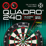 Quadro 240 dartboard angled view showing treble, double, and quattro scoring zones with labeled sections for high score darts