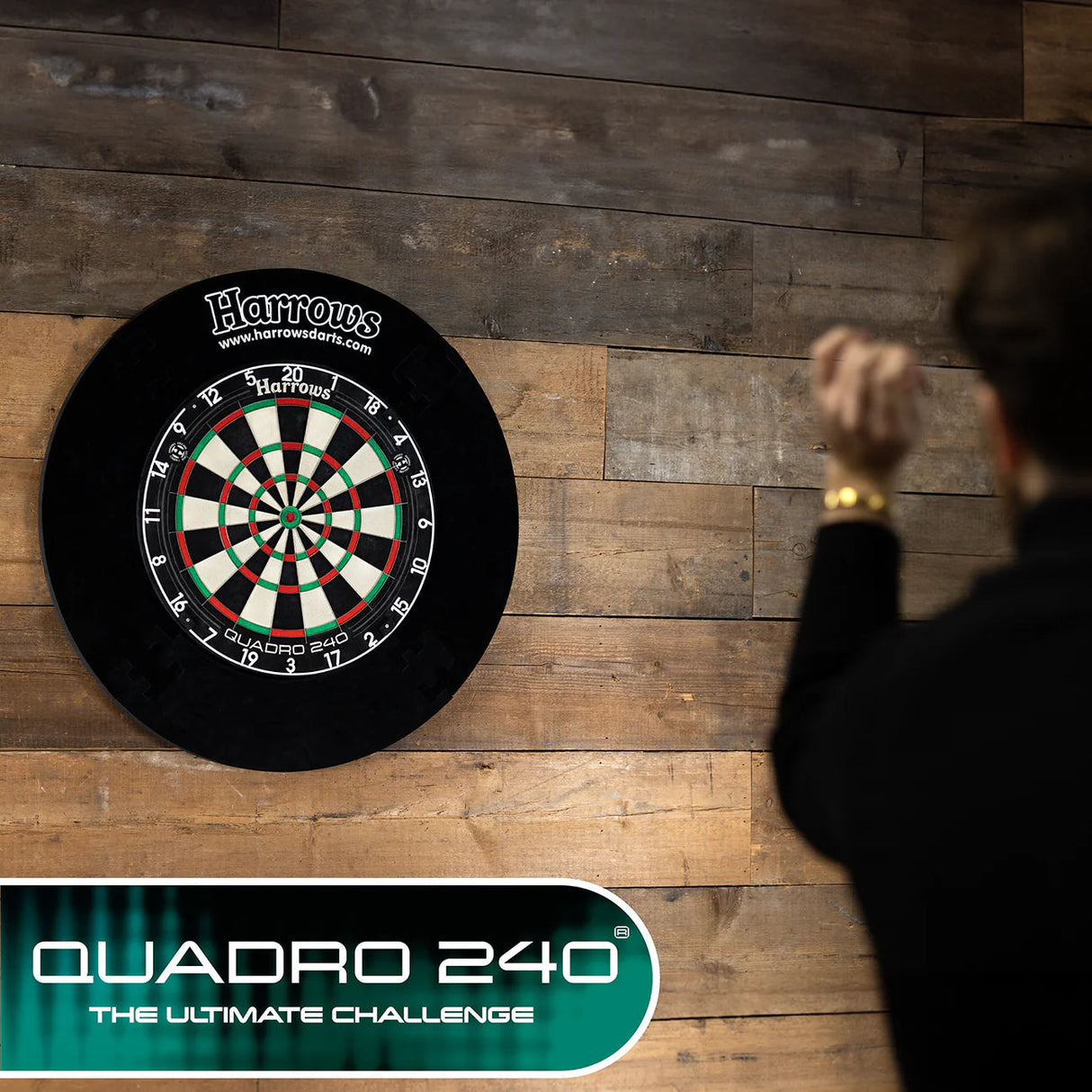 Dartboard mounted on wooden wall with person aiming to throw, full view, ideal for dart game setup and recreational play
