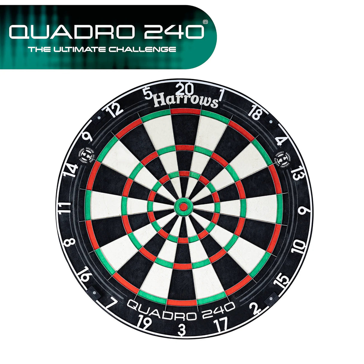 Quadro 240 dartboard full view top-down, clear segmented scoring zones, isolated on white background for darts equipment listing