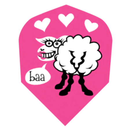 Close-up of single Quadro Sheep No.6 dart flight with pink background, cartoon sheep graphic, and heart details, isolated on white