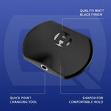 Angled close-up of quick point dart tool with matte black finish, ergonomic design, point changing hole for dart players