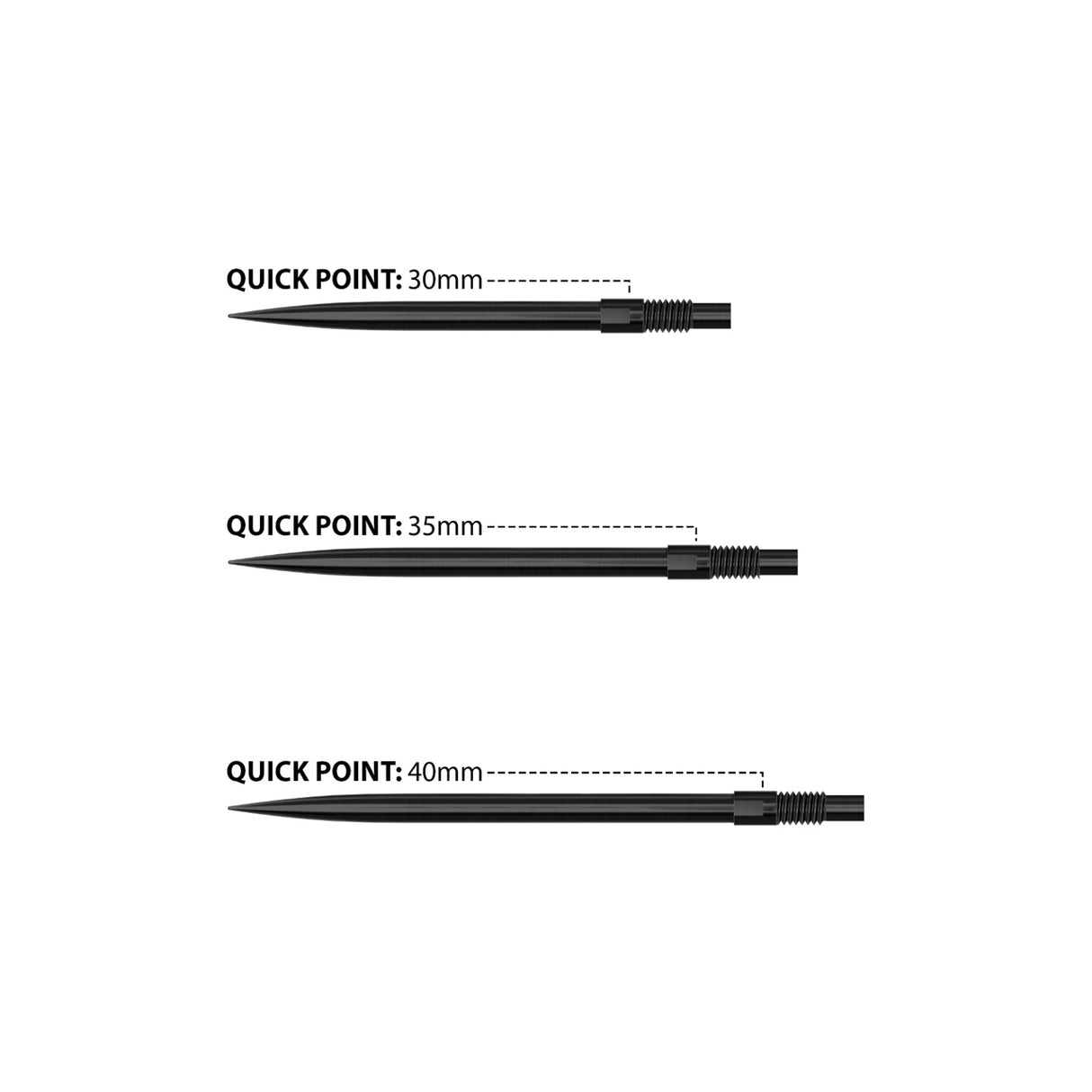 Harrows Quick Point length comparison in black showing 30mm, 35mm and 40mm