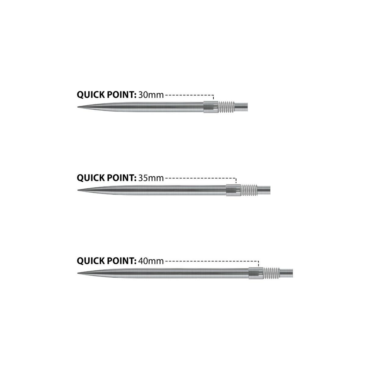 Harrows Quick Point length comparison in silver showing 30mm, 35mm and 40mm