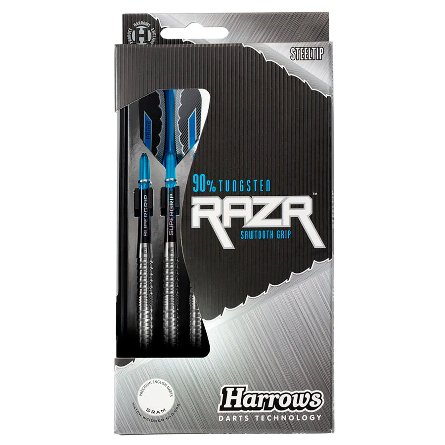 Steel tip 90% tungsten darts set in retail packaging, sawtooth grip design, blue flights, straight barrel darts for precision play