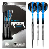 Steel tip tungsten darts set in retail packaging with three darts displayed on white, showcasing sawtooth grip and blue-black flights