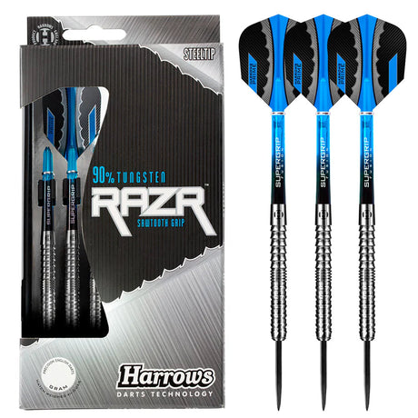 Steel tip tungsten darts set in retail packaging with three darts displayed on white, showcasing sawtooth grip and blue-black flights