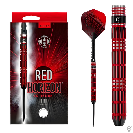 Red Horizon 90% tungsten steel tip darts with red grooved barrel, product box, single dart, and close-up barrel texture display
