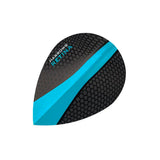 Pear-shaped dart flight with aqua blue stripe and honeycomb texture, isolated on white for darts accessories buyers