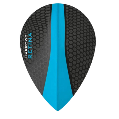 Pear-shaped aqua dart flight with black honeycomb texture, full product view on white background, highlighting Retina design for darts