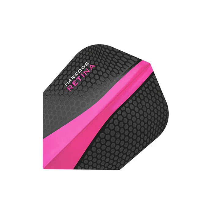 Close-up of Retina Pink No.6 dart flight with honeycomb texture and vibrant pink stripe on white background