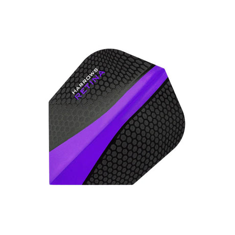Close-up of No.6 dart flight with purple stripe and black honeycomb pattern, 100 micron dart accessory isolated on white