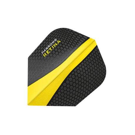 Close-up of Retina Yellow No.6 dart flight, honeycomb texture and black-yellow design for dartboard accuracy