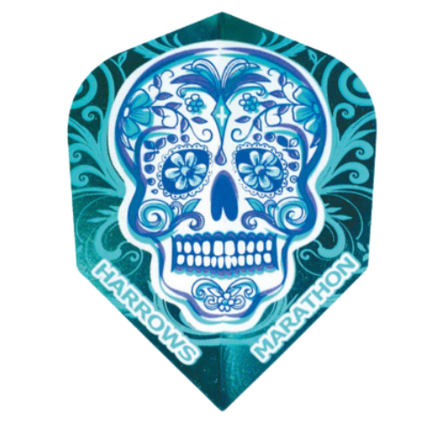 Front view of Rio Skull Marathon No.6 dart flight with detailed blue skull pattern, isolated on white for dart accessories