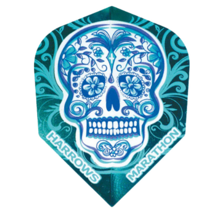Front view of Rio Skull Marathon No.6 dart flight with detailed blue skull pattern, isolated on white for dart accessories