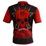 Back view darts shirt with red skull Heavy Metal graphic, Ryan Searle banner, black and red Quick-Dri fabric