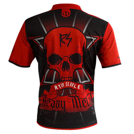 Back view darts shirt with red skull Heavy Metal graphic, Ryan Searle banner, black and red Quick-Dri fabric