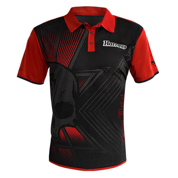 Full view darts shirt in black and red with skull motif, Quick-Dri fabric, isolated on white background for dart players