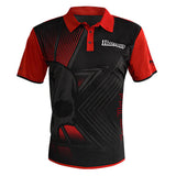 Full view darts shirt in black and red with skull motif, Quick-Dri fabric, isolated on white background for dart players