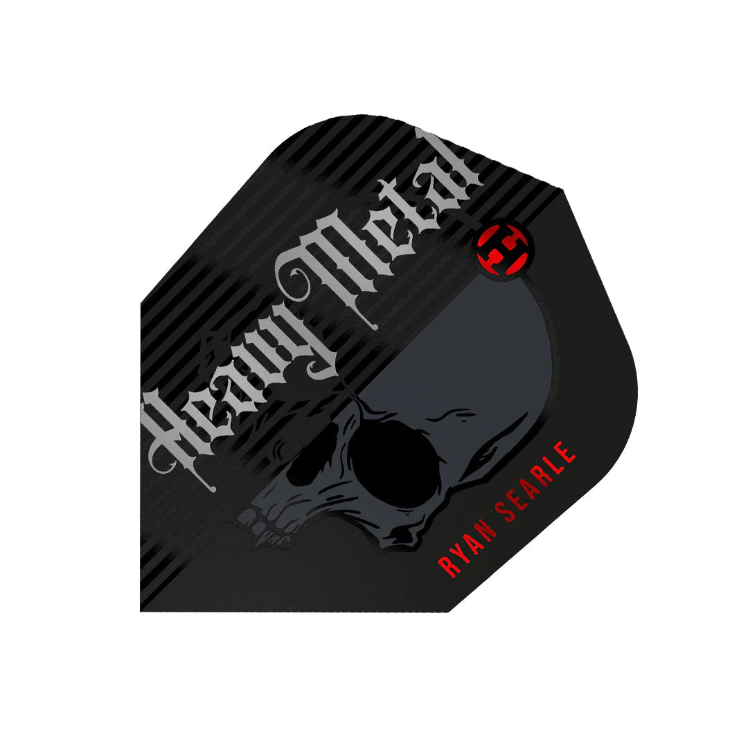 Close-up of a single Ryan Searle G2 No.6 dart flight featuring a black skull and heavy metal graphic on white background