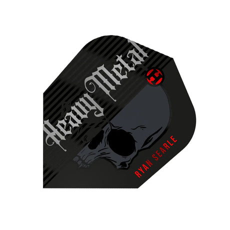 Close-up of a single Ryan Searle G2 No.6 dart flight featuring a black skull and heavy metal graphic on white background