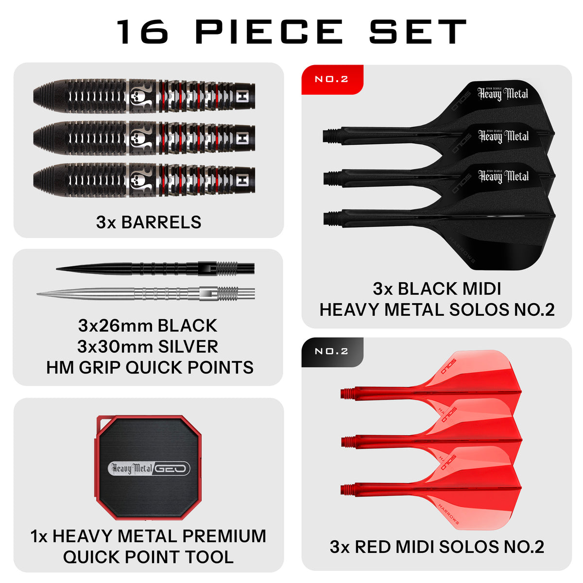 Ryan Searle Geo 16 piece set: barrels, black and silver HM Grip Quick Points, black and red Solo No.2 flights and Quick Point tool