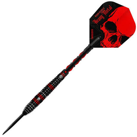 Full view tungsten dart with black grip, red skull flight, aggressive barrel texture, isolated on white background
