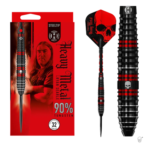 Steel tip tungsten darts with grooved black barrel, red rings, skull motif, visible packaging, and detailed grip texture close-up
