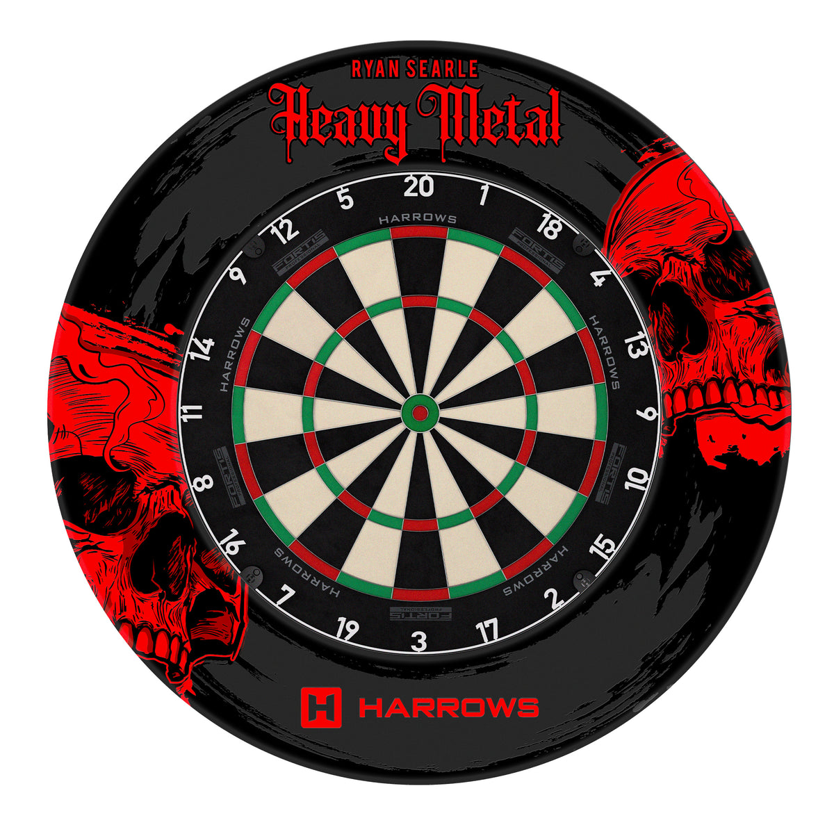 Harrows Ryan Searle Heavy Metal dartboard surround fitted around a dartboard