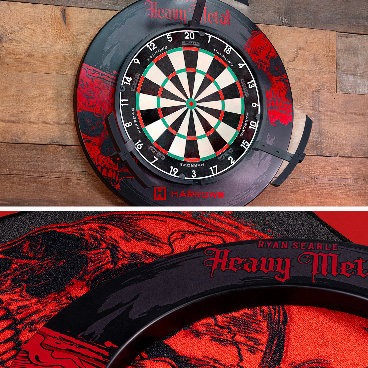 Harrows Ryan Searle Heavy Metal dartboard surround on the wall in a home darts setup