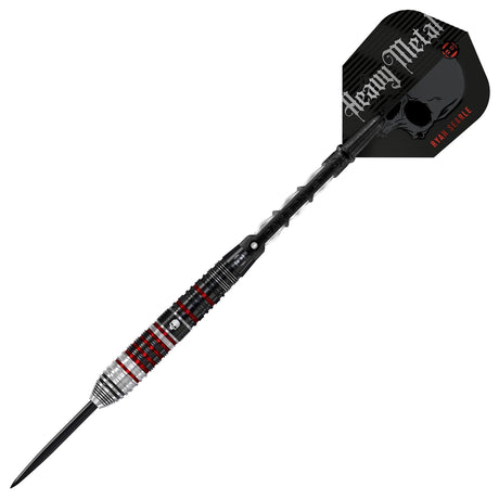 Angled full view of Ryan Searle Heavy Metal Series 2 90% tungsten dart, black and red barrel, textured grip, skull motif flight, on white background