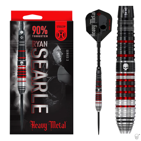 Steel tip tungsten darts with black and red NX90 grip, skull detail, and flight, shown next to Series 2 retail packaging for collectors