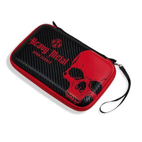 Angled dart case with carbon fiber texture, red skull design, wrist strap, and Heavy Metal Ryan Searle branding, isolated on white