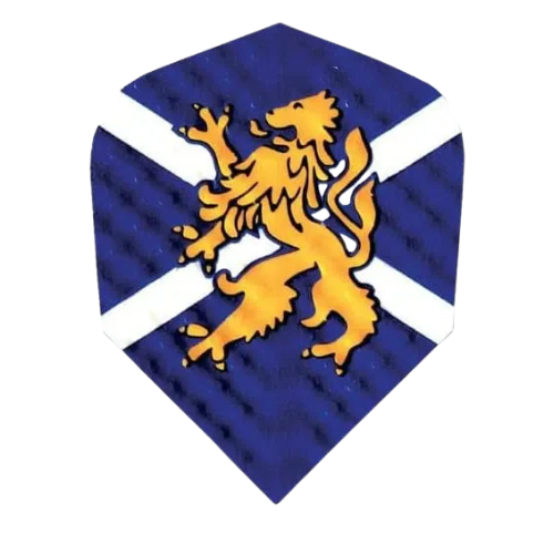 Close-up of Scotland Dimplex No.6 dart flight with textured surface, St Andrew's cross, and gold lion, isolated on white.