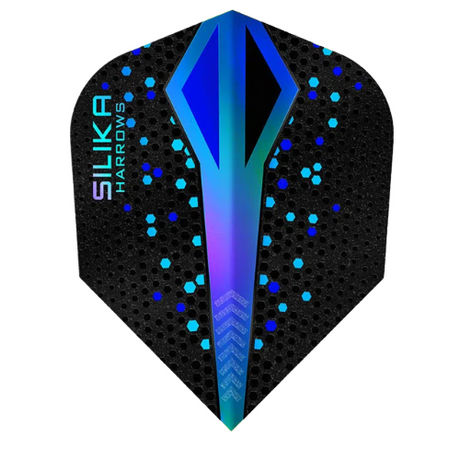 Dart flight full view on white background featuring black hex textured surface and blue Colourshift No.6 pattern