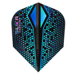Harrows Silika Colourshift Blue X No.6 dart flight standing upright on a white background, black flight with shifting blue and teal finish