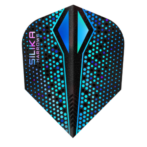 Harrows Silika Colourshift Blue X No.6 dart flight standing upright on a white background, black flight with shifting blue and teal finish
