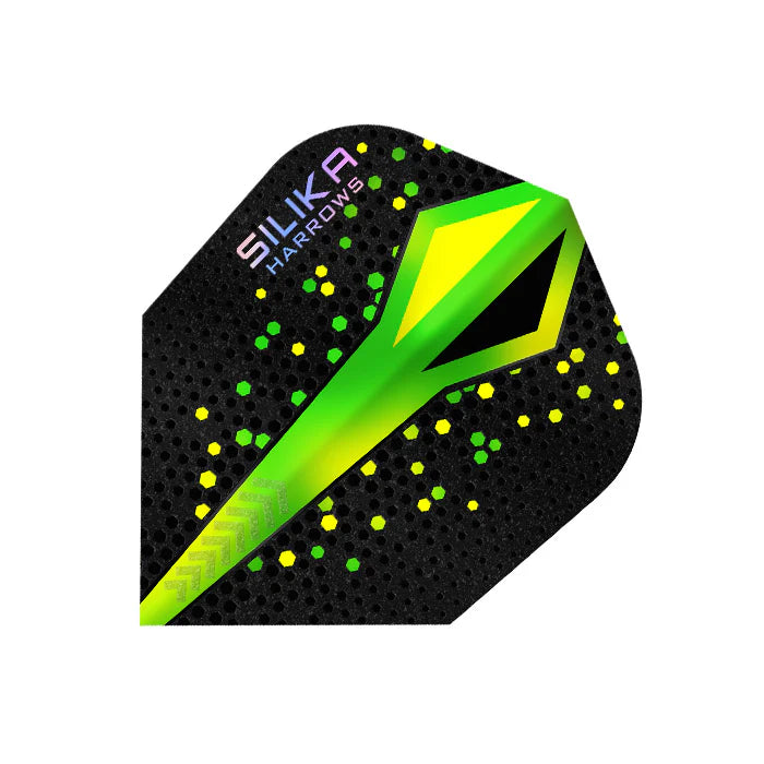 Close-up of Silika Colourshift Green No.6 dart flight, textured surface, neon green and yellow pattern, isolated on white background