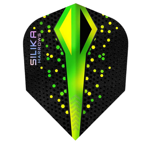 Single Silika Colourshift Green No.6 dart flight, hexagonal textured surface, neon green pattern, isolated on white background