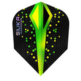 Single Silika Colourshift Green No.6 dart flight, hexagonal textured surface, neon green pattern, isolated on white background