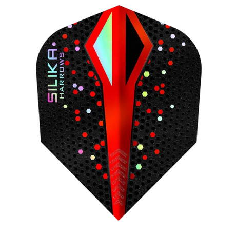 Colorshift red No.6 dart flight with iridescent finish, textured black honeycomb pattern, and multicolor dots, isolated on white background