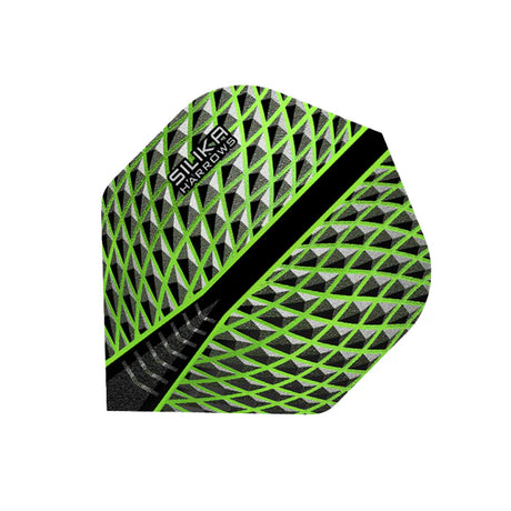 Close-up of Silika Green No.2 dart flight isolated on white, showing textured 100 micron pattern and vivid green geometric design