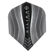 Harrows Silika Lumen Black No.6 dart flight standing upright on a white background, black Silika coated flight with textured finish