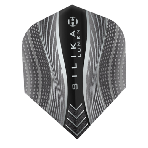 Harrows Silika Lumen Black No.6 dart flight standing upright on a white background, black Silika coated flight with textured finish