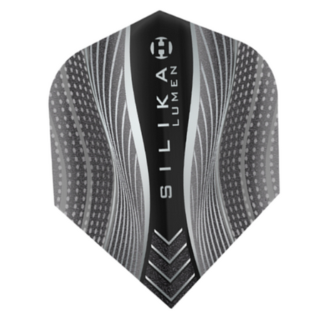 Harrows Silika Lumen Black No.6 dart flight standing upright on a white background, black Silika coated flight with textured finish